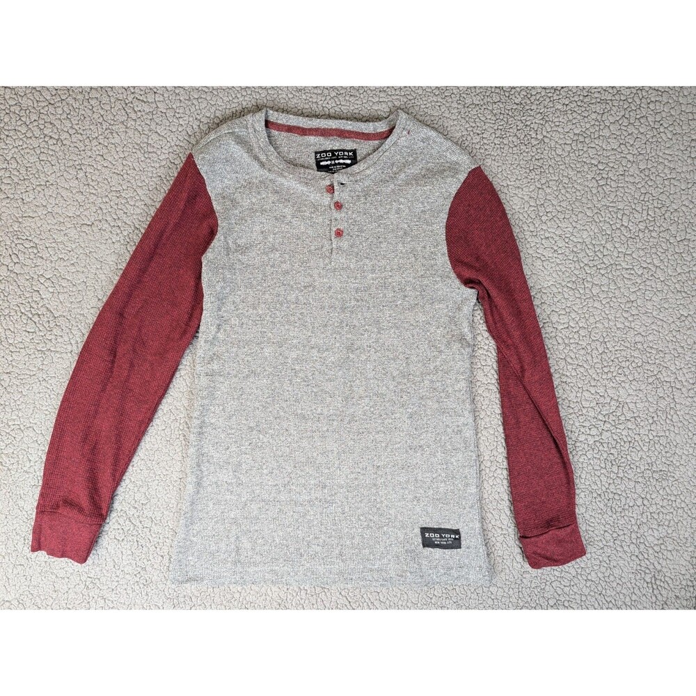 Zoo York Long Sleeve Henley Shirt Youth Medium Gray & Maroon Waffle Knit